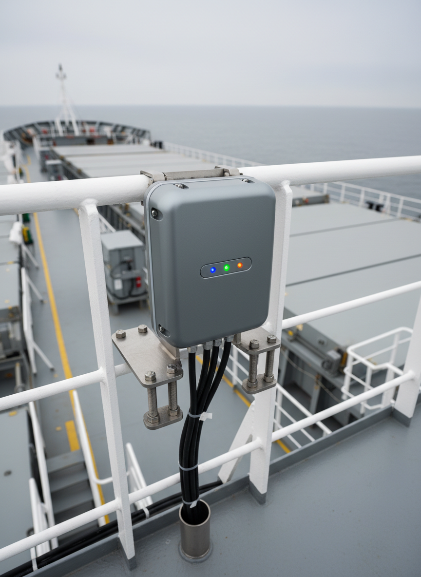 A modern maritime IoT sensor hub encased in a matte metallic grey waterproof enclosure, featuring LED indicator lights and precisely machined steel mounting brackets. The device is securely attached to the clean, painted rails of a cargo ship’s deck, with taut cables and minimalistic cabling running along the structure. Diffused daylight from an overcast sky creates soft highlights on the device’s smooth surfaces and gentle shadows on the deck. The composition is shot at a slightly elevated angle for a professional, balanced view, framed by the ship’s symmetrical lines. The overall mood is clean, orderly, and technological, emphasizing reliability and innovation with a photographic realism and corporate aesthetic.