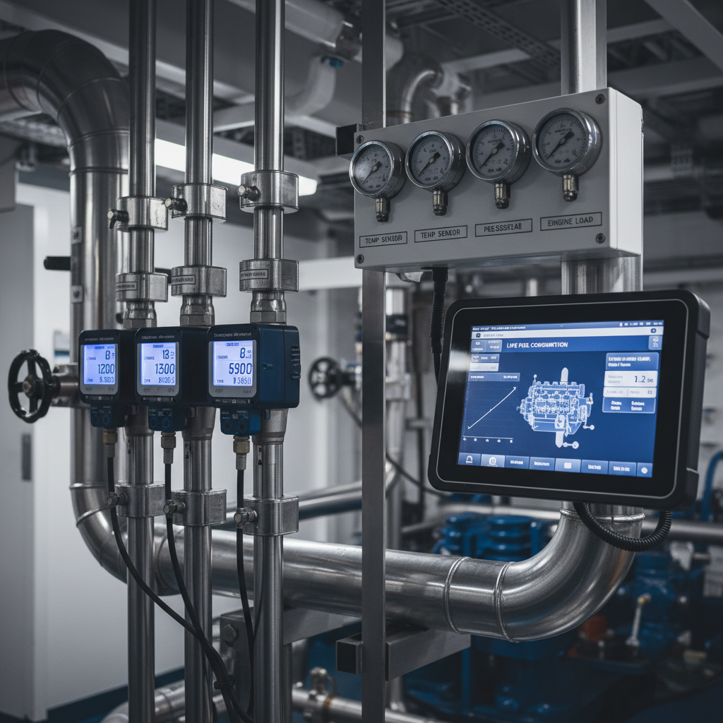 A clean, professional photo-style image of a maritime fuel monitoring system installed in an engine room: close-up of digital flow meters and sensors mounted on polished fuel pipes with clearly labeled gauges and a tablet-style display showing live fuel consumption data. Cool, neutral color palette, soft directional lighting, minimal background clutter, corporate B2B aesthetic.