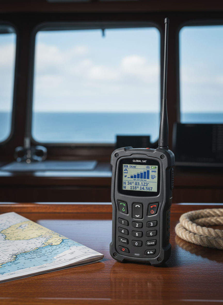 A clean, professional photo-style image of a rugged satellite phone (satphone) used in maritime environments: dark grey, rubberized device with a small color screen showing signal strength and GPS coordinates, large tactile buttons, and a prominent external antenna. The satphone rests on a chart table beside a folded nautical chart and a coiled rope, with a blurred ship bridge window and ocean horizon in the background. Neutral, cool lighting and a corporate B2B aesthetic.