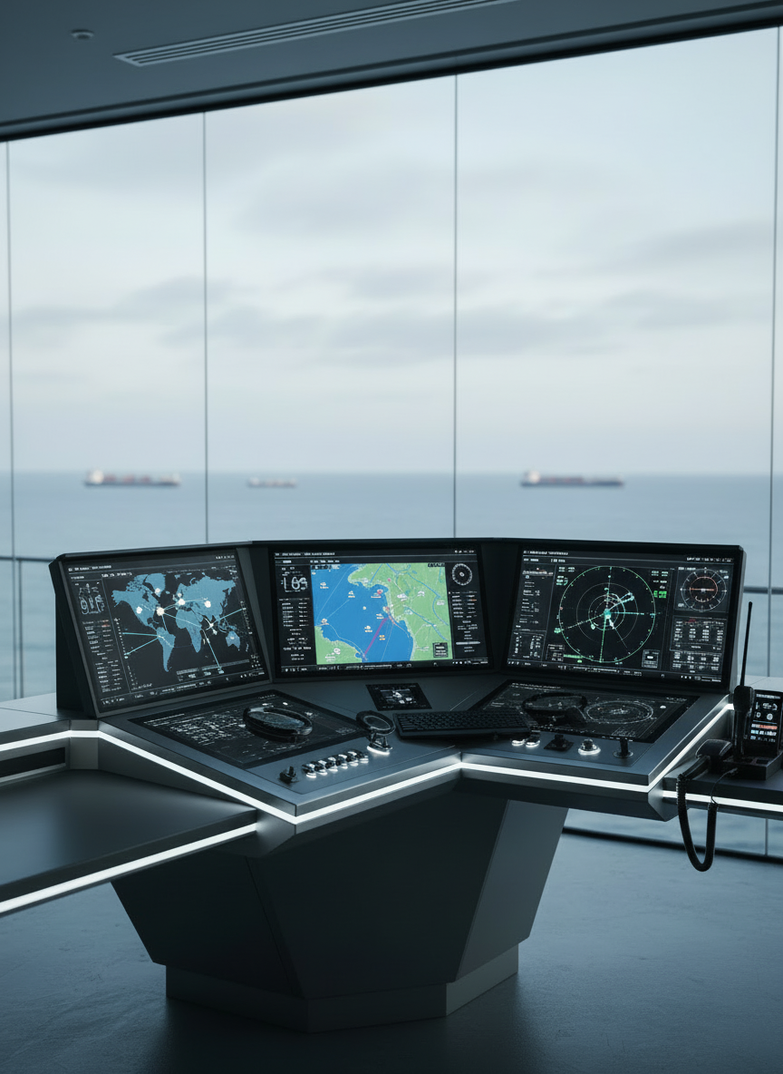 A clean, professional photo-style image representing a maritime navigation and communication (navcom) system: a bridge console with multiple high-resolution displays showing an electronic navigation chart (ENC), radar overlay, AIS targets, and VHF communication status. The console features backlit soft-touch buttons, a modern VHF handset on a cradle, and a compact keyboard. Soft, cool-toned lighting from overhead fixtures and the glow of the screens, with a faint ocean horizon visible through the bridge windows. Corporate, B2B aesthetic with minimal clutter.