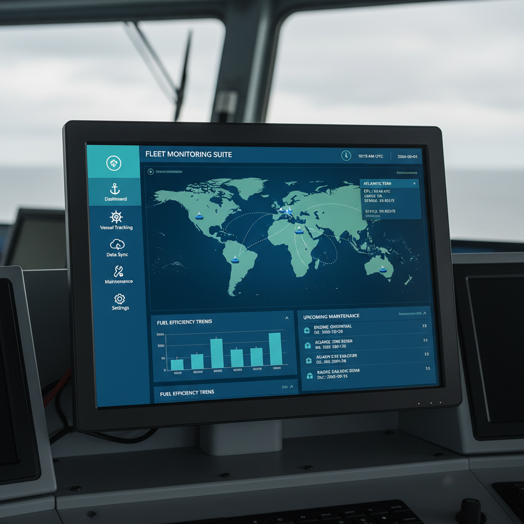 A close-up of a maritime fleet management system interface displayed on a generic monitor aboard a ship, with no logos or company branding—focus on the software dashboard, clean and professional