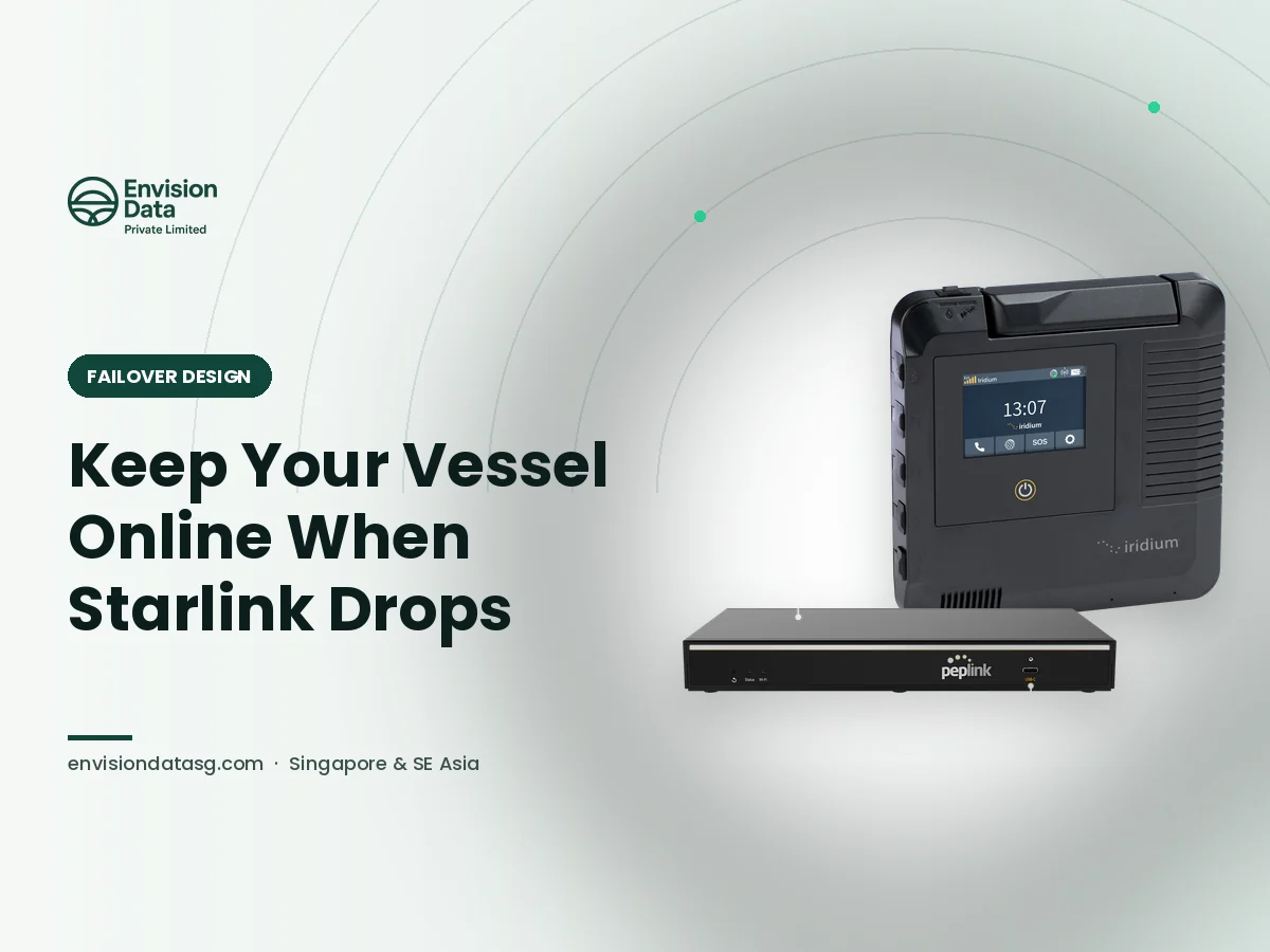 Iridium GO! exec and Peplink router for satellite comms failover on a Singapore vessel